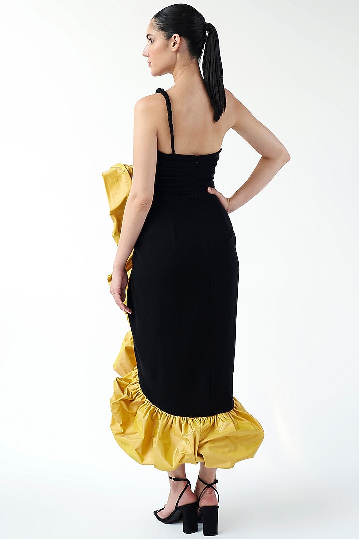Black & Mustard Taffeta Midi Party Wear Dress by Gauri And Nainika at Pernia's Pop Up Shop