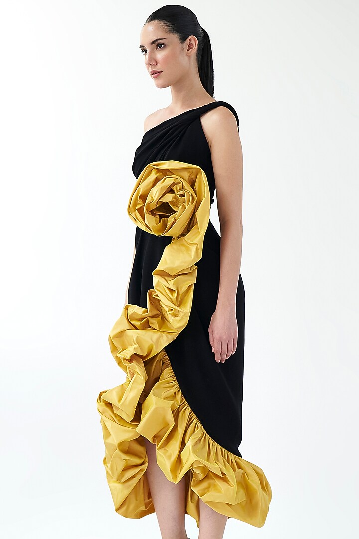 Black & Mustard Taffeta Midi Party Wear Dress by Gauri And Nainika at Pernia's Pop Up Shop
