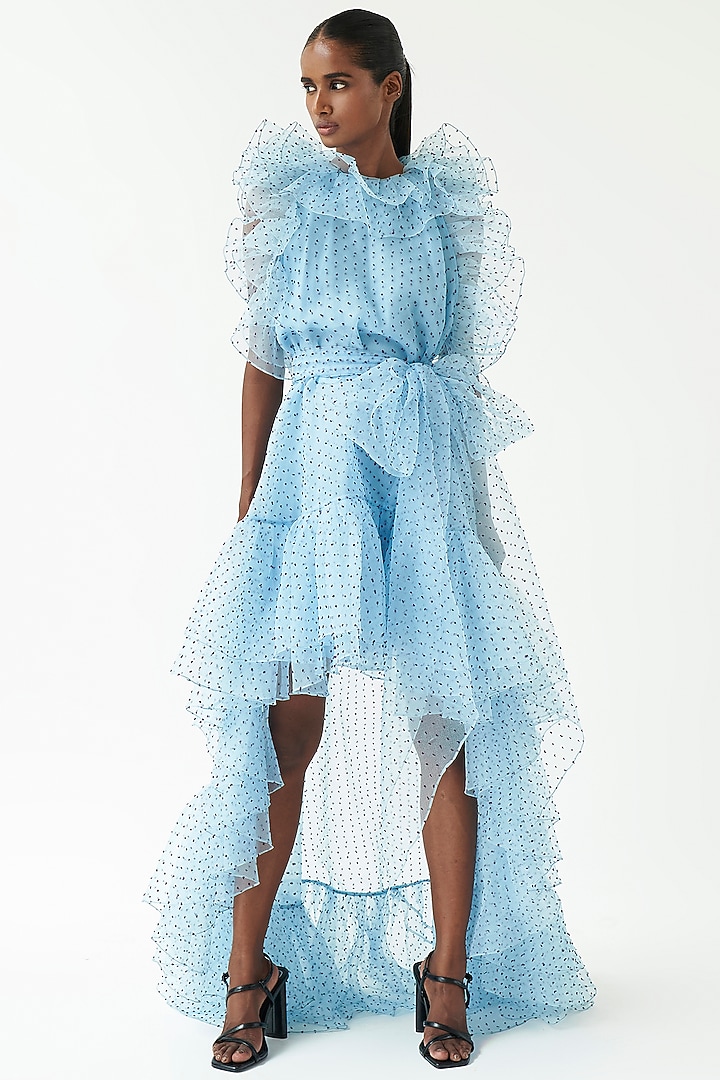 Blue Dotted Organza Party Wear Dress by Gauri And Nainika at Pernia's Pop Up Shop