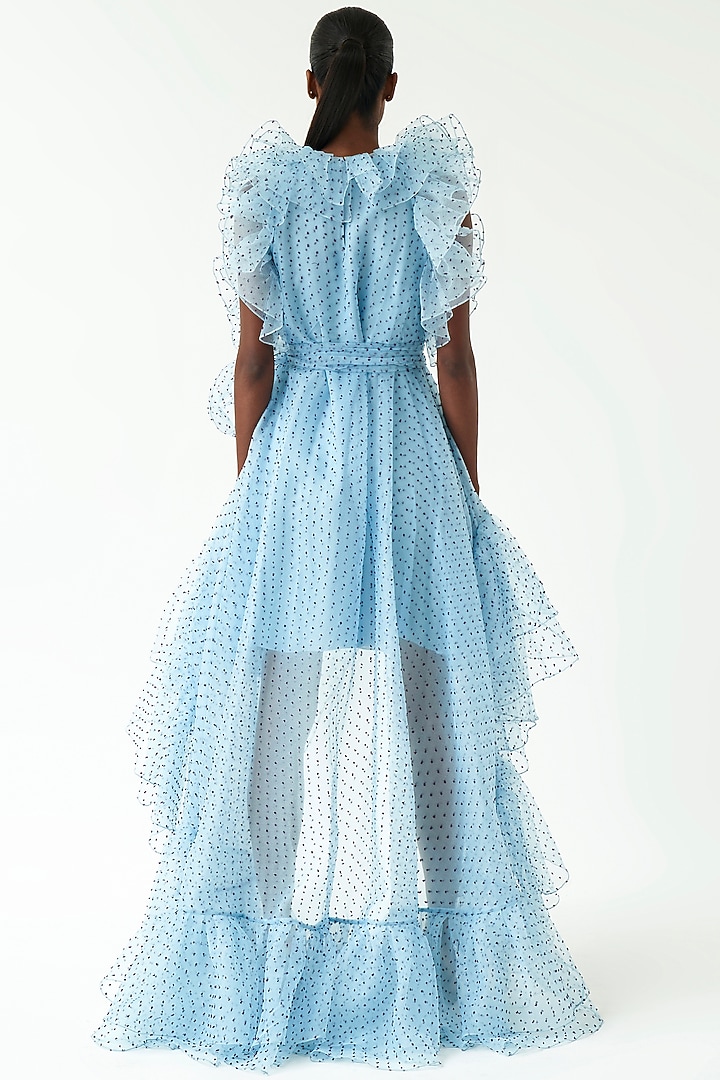 Blue Dotted Organza Party Wear Dress by Gauri And Nainika at Pernia's Pop Up Shop