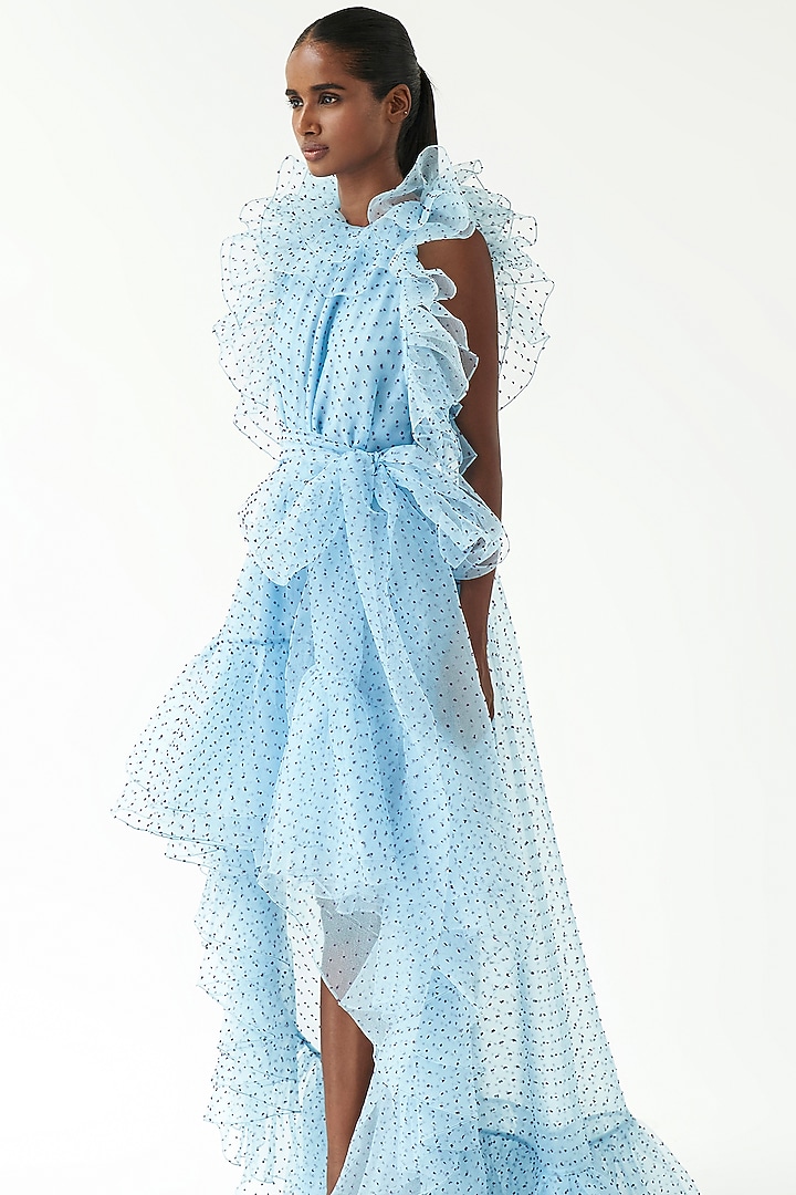 Blue Dotted Organza Party Wear Dress by Gauri And Nainika at Pernia's Pop Up Shop