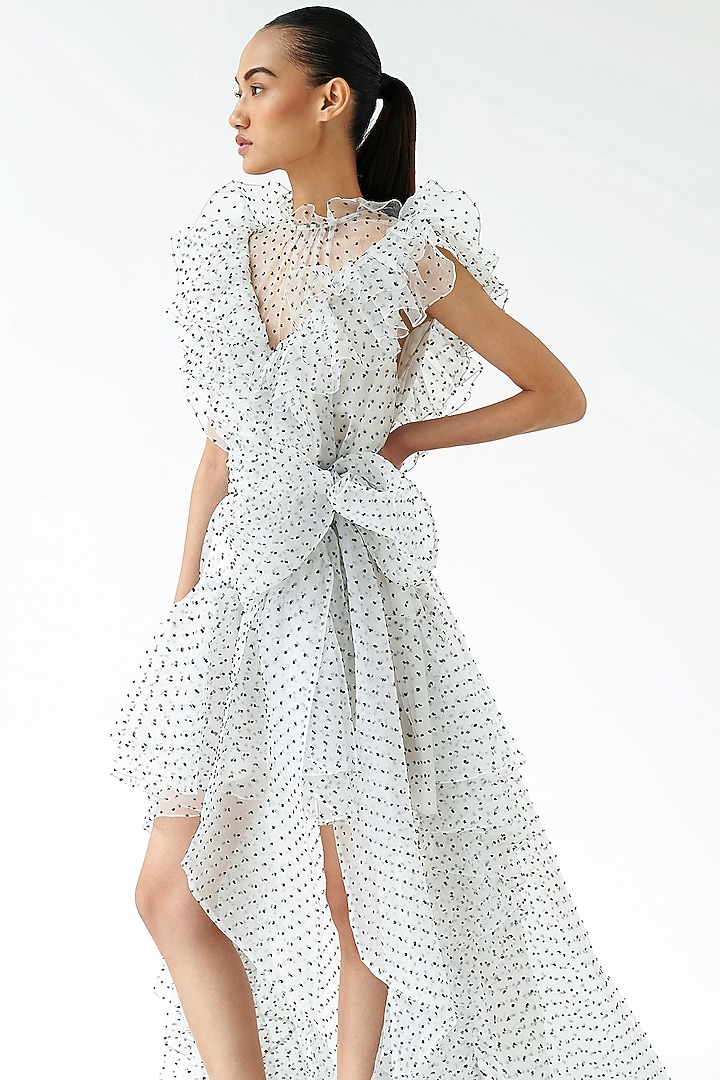 Ivory Dotted Organza Party Wear Dress by Gauri And Nainika at Pernia's Pop Up Shop