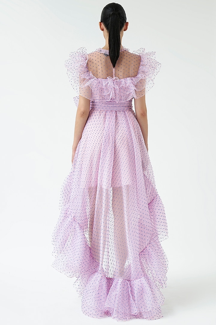 Mauve Dotted Organza Party Wear Dress by Gauri And Nainika at Pernia's Pop Up Shop