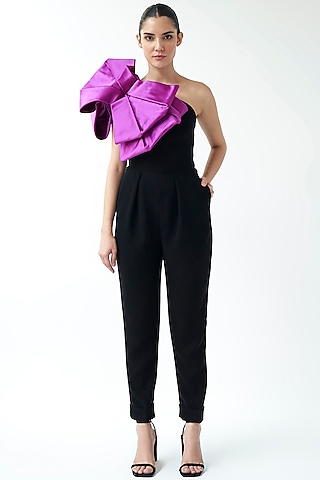 Black Micro & Duchess Satin Jumpsuit by Gauri And Nainika