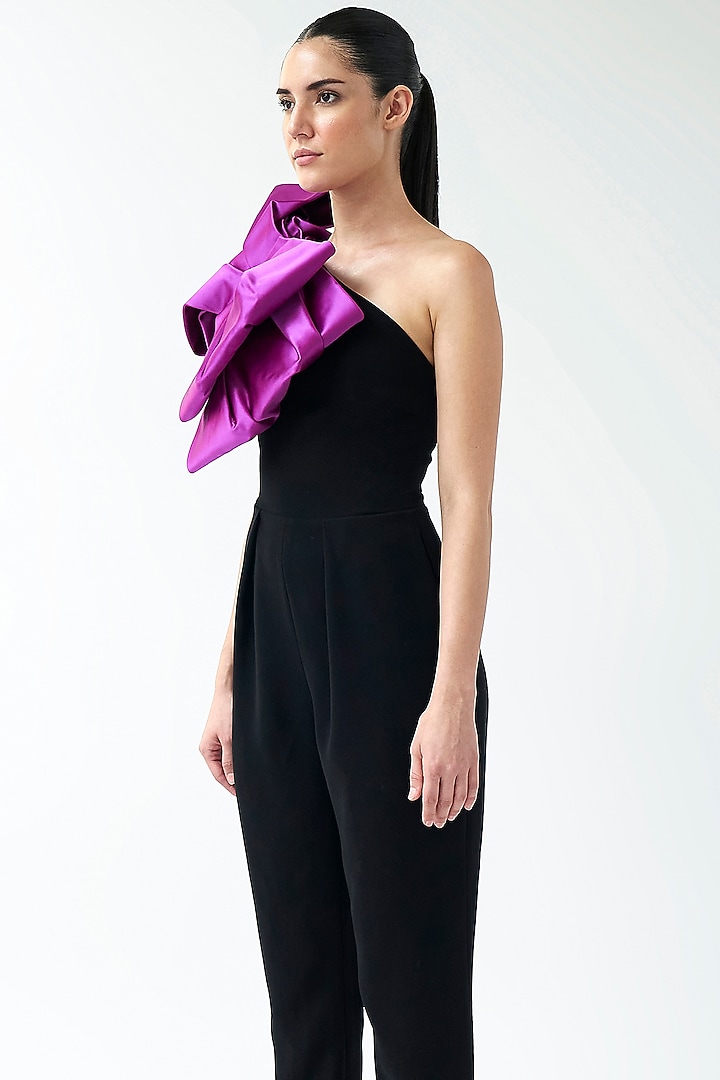 Black Micro & Duchess Satin Jumpsuit by Gauri And Nainika at Pernia's Pop Up Shop