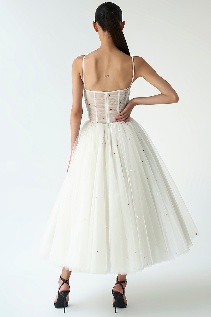 Ivory Net Embroidered Midi Party Wear Dress by Gauri And Nainika at Pernia's Pop Up Shop