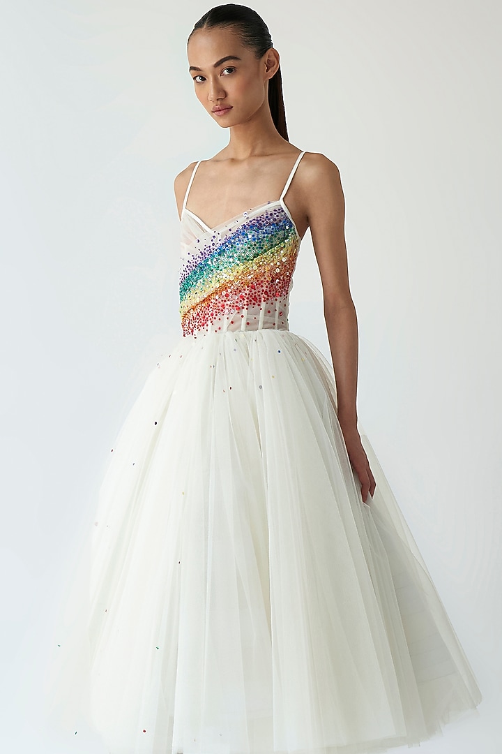 Ivory Net Embroidered Midi Party Wear Dress by Gauri And Nainika at Pernia's Pop Up Shop