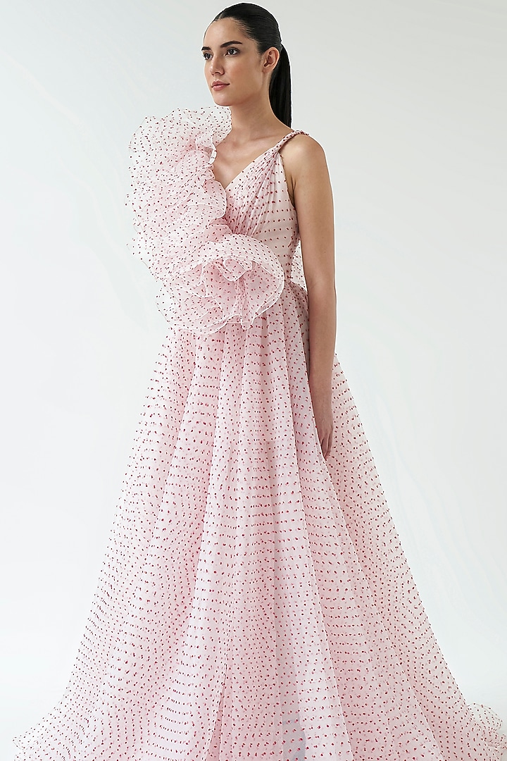 Light Pink Dotted Organza Bridal Gown by Gauri And Nainika at Pernia's Pop Up Shop