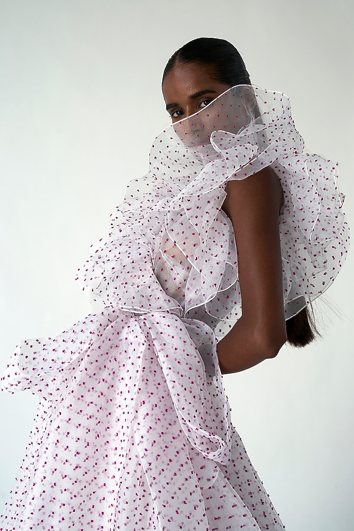 Ivory Dotted Organza Midi Party Wear Dress by Gauri And Nainika at Pernia's Pop Up Shop