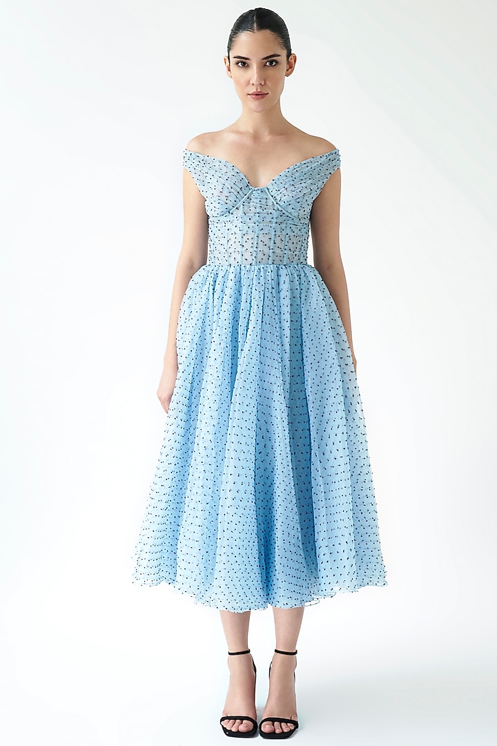 Blue Dotted Organza Off-Shoulder Midi Dress by Gauri And Nainika at Pernia's Pop Up Shop