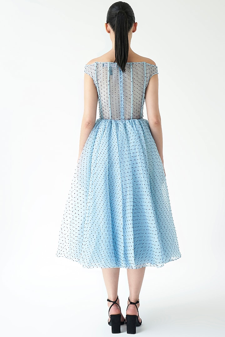 Blue Dotted Organza Off-Shoulder Midi Party Wear Dress by Gauri And Nainika at Pernia's Pop Up Shop