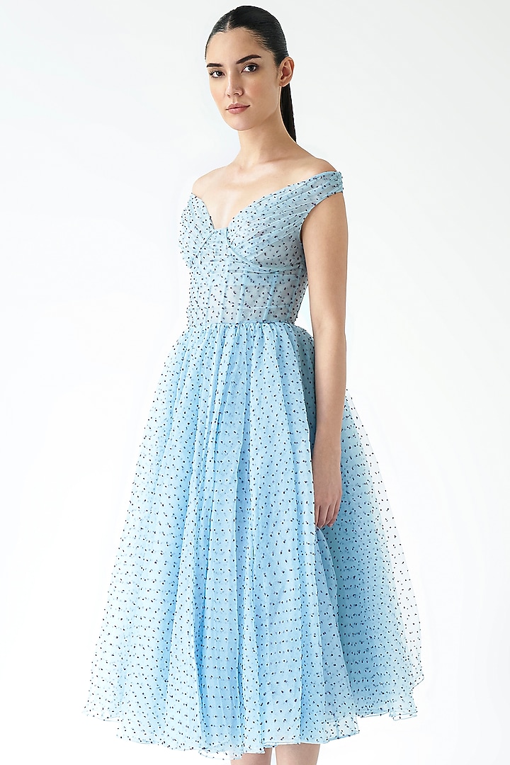 Blue Dotted Organza Off-Shoulder Midi Party Wear Dress by Gauri And Nainika at Pernia's Pop Up Shop