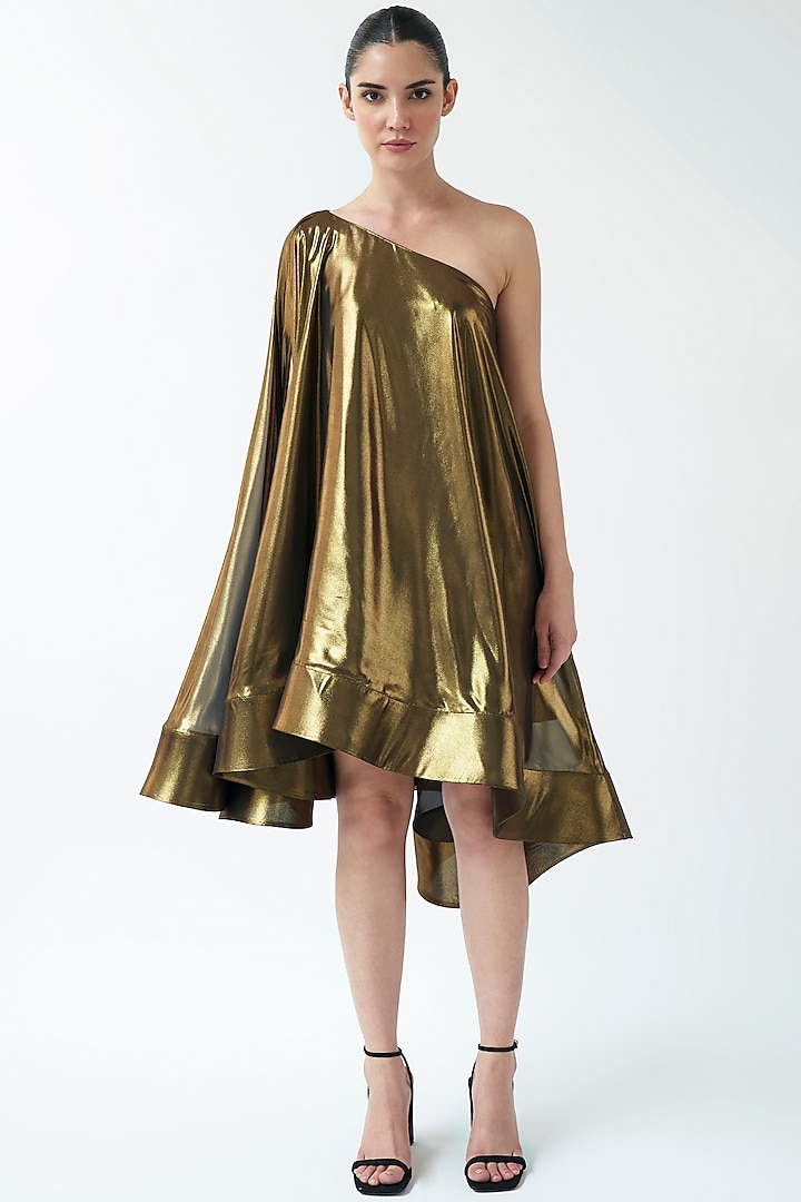 Gold Lame One-Shoulder Dress by Gauri And Nainika