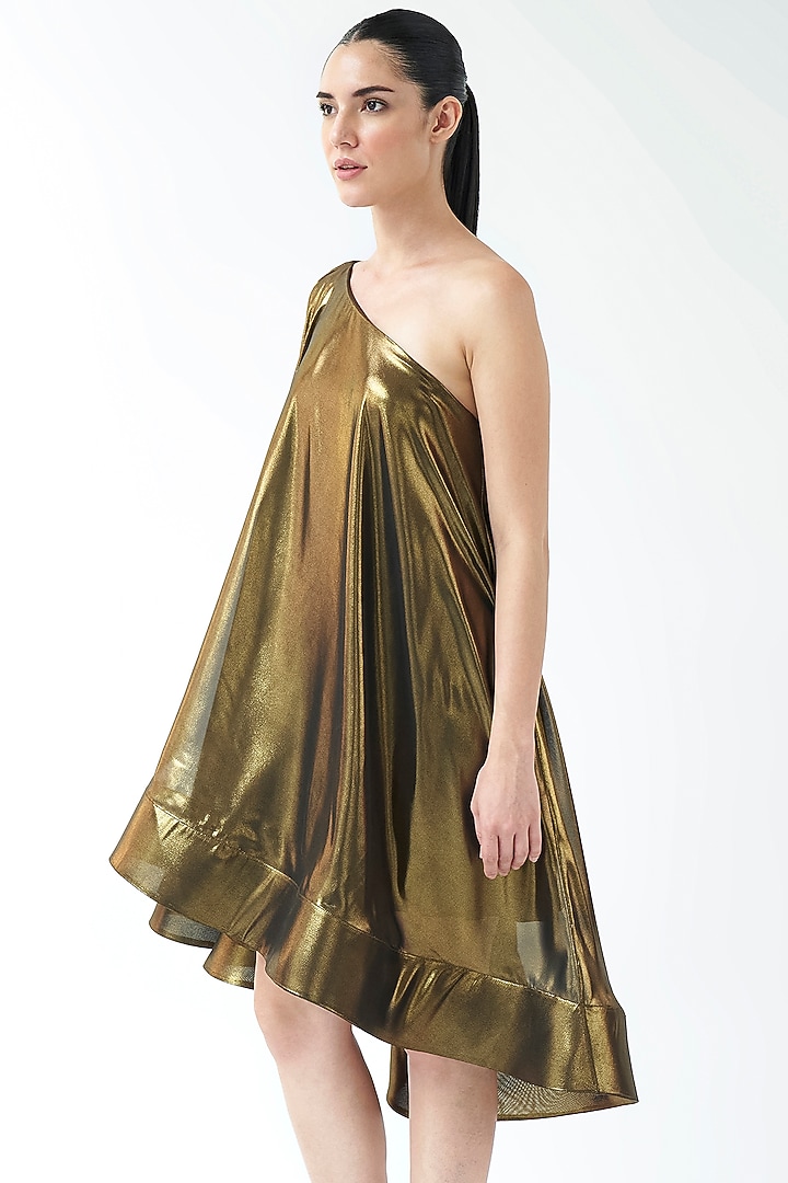 Gold Lame One-Shoulder Party Wear Dress by Gauri And Nainika at Pernia's Pop Up Shop