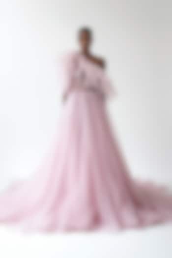 Light Pink Dotted Organza One-Shoulder Bridal Gown by Gauri And Nainika at Pernia's Pop Up Shop