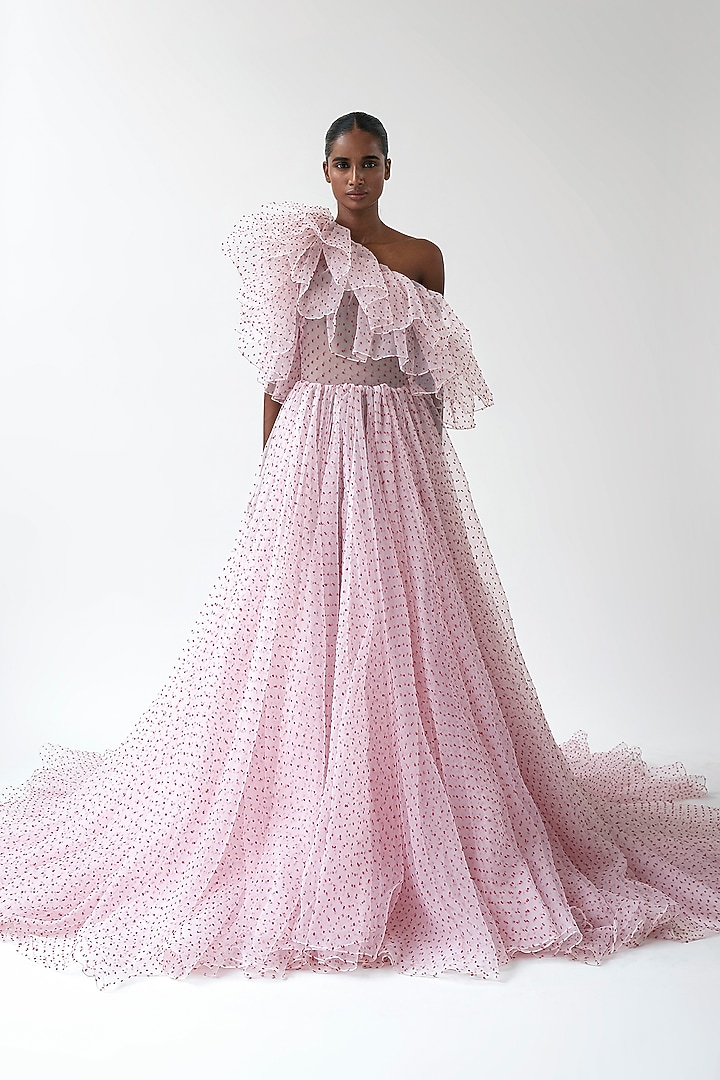 Light Pink Dotted Organza One-Shoulder Bridal Gown by Gauri And Nainika at Pernia's Pop Up Shop