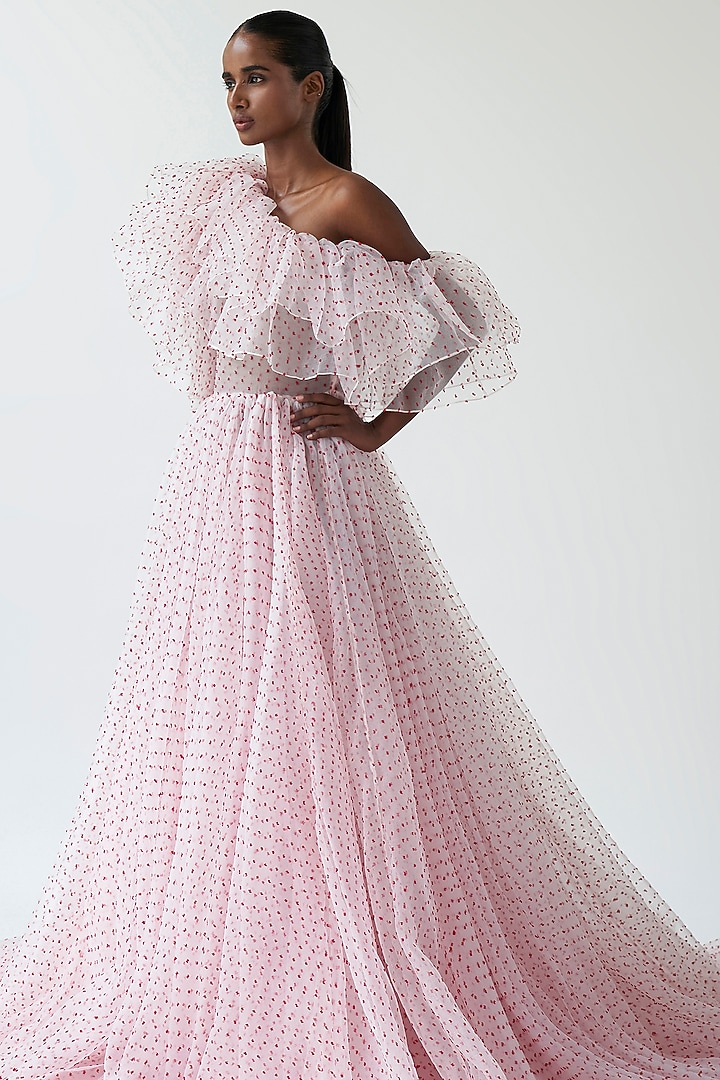 Light Pink Dotted Organza One-Shoulder Bridal Gown by Gauri And Nainika at Pernia's Pop Up Shop
