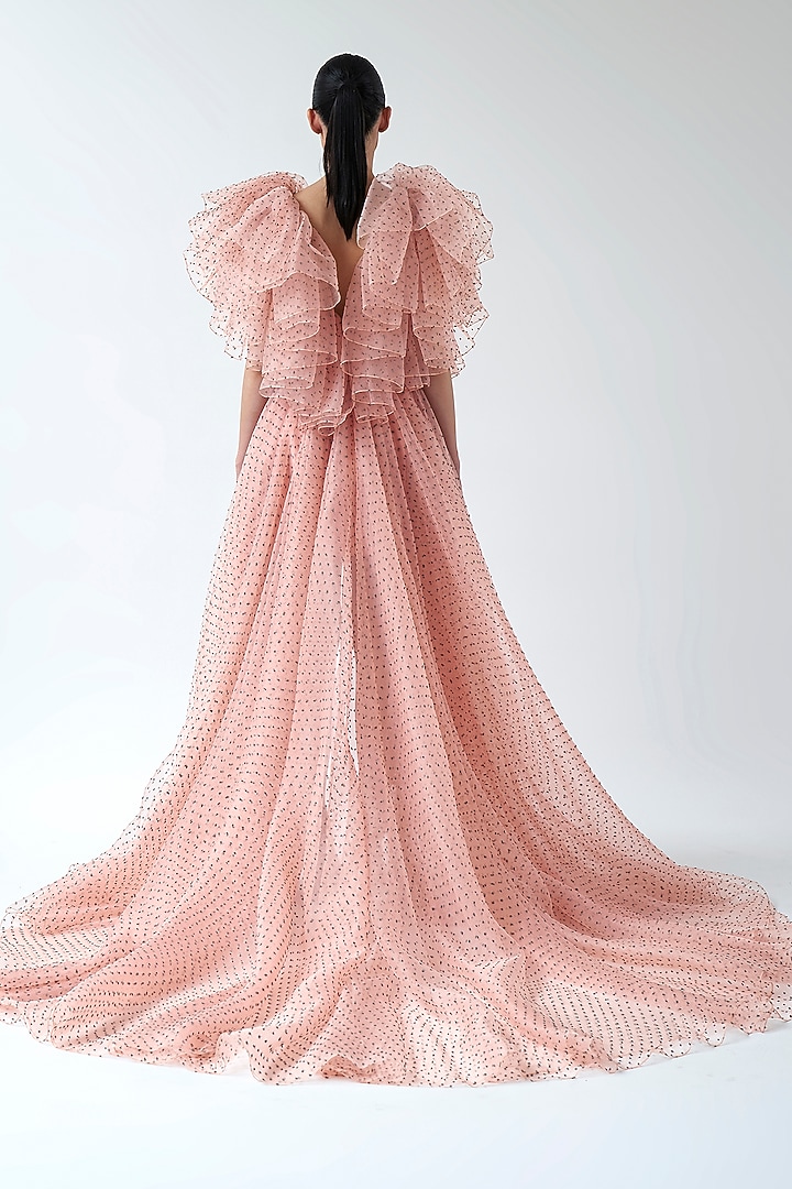 Peach Dotted Organza High-Low Wedding Gown by Gauri And Nainika at Pernia's Pop Up Shop