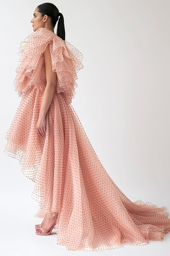 Peach Dotted Organza High-Low Wedding Gown by Gauri And Nainika at Pernia's Pop Up Shop