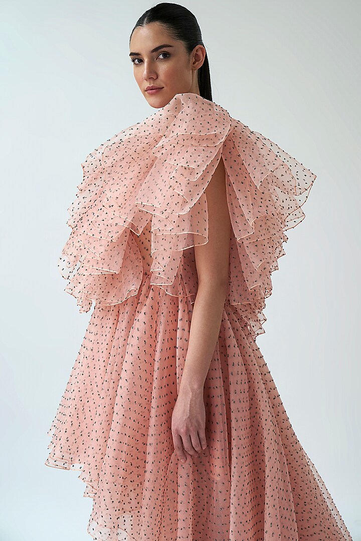 Peach Dotted Organza High-Low Wedding Gown by Gauri And Nainika at Pernia's Pop Up Shop