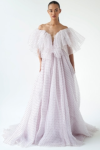 Ivory Dotted Organza Gown by Gauri And Nainika