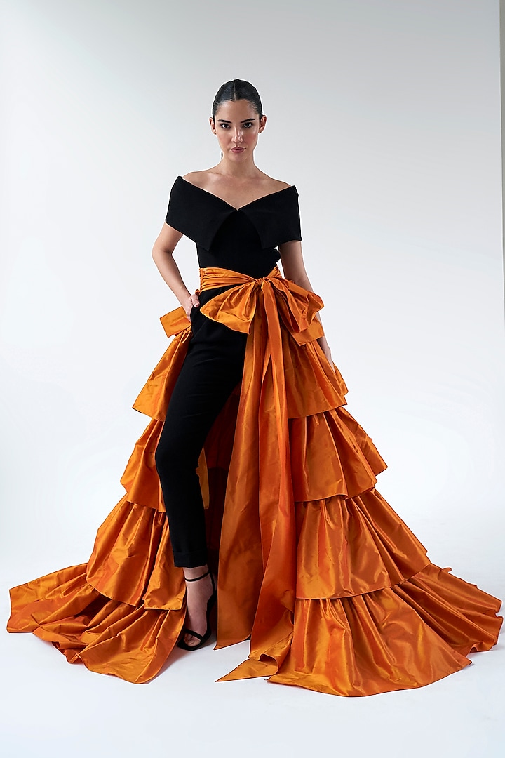 Orange Taffeta Tiered Overskirt by Gauri And Nainika at Pernia's Pop Up Shop