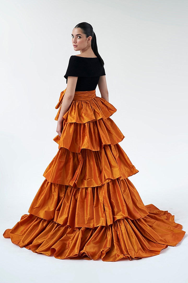 Orange Taffeta Tiered Overskirt by Gauri And Nainika at Pernia's Pop Up Shop