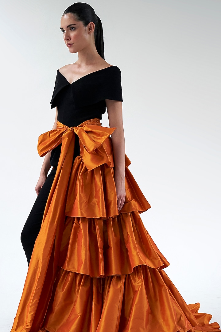 Orange Taffeta Tiered Overskirt by Gauri And Nainika at Pernia's Pop Up Shop