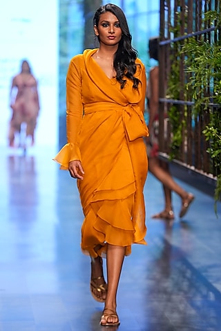 Mustard Organza Ruffled Dress by Gauri and Nainika