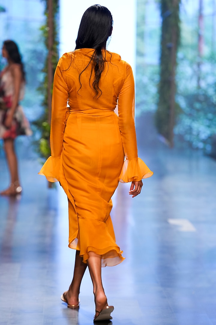 Mustard Organza Ruffled Party Wear Dress by Gauri and Nainika at Pernia's Pop Up Shop