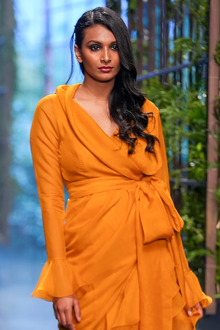 Mustard Organza Ruffled Party Wear Dress by Gauri and Nainika at Pernia's Pop Up Shop