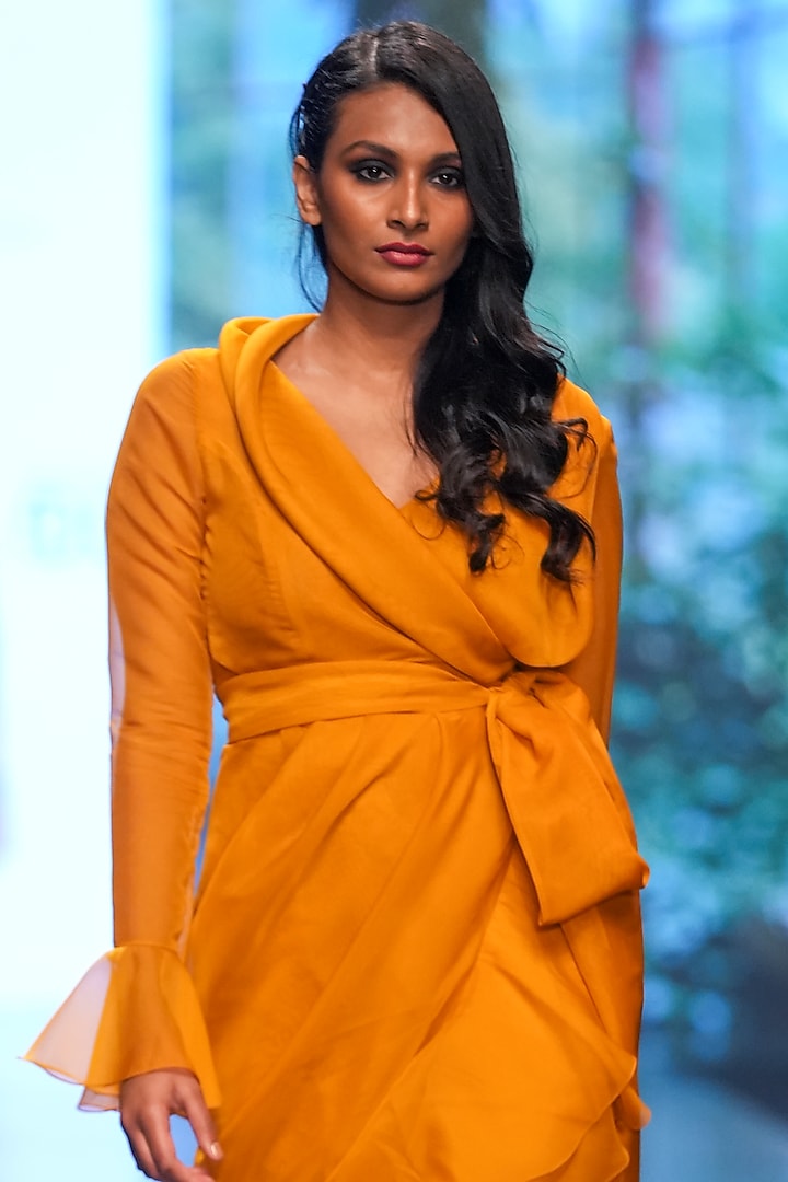 Mustard Organza Ruffled Party Wear Dress by Gauri and Nainika at Pernia's Pop Up Shop