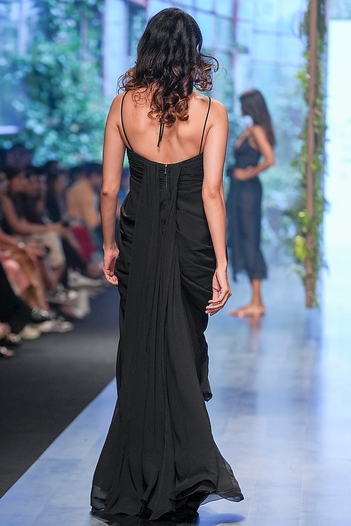 Black Chiffon Embroidered Draped Bridal Gown by Gauri and Nainika at Pernia's Pop Up Shop
