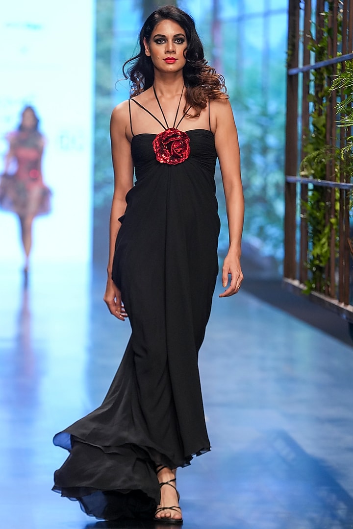 Black Chiffon Embroidered Draped Bridal Gown by Gauri and Nainika at Pernia's Pop Up Shop