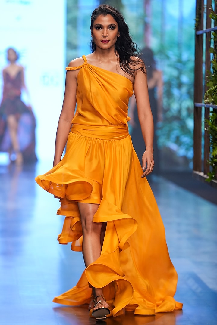 Mustard Organza Asymmetrical Gown by Gauri and Nainika