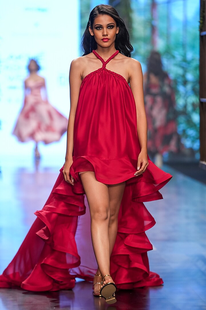 Berry Red Organza High-Low Dress by Gauri and Nainika