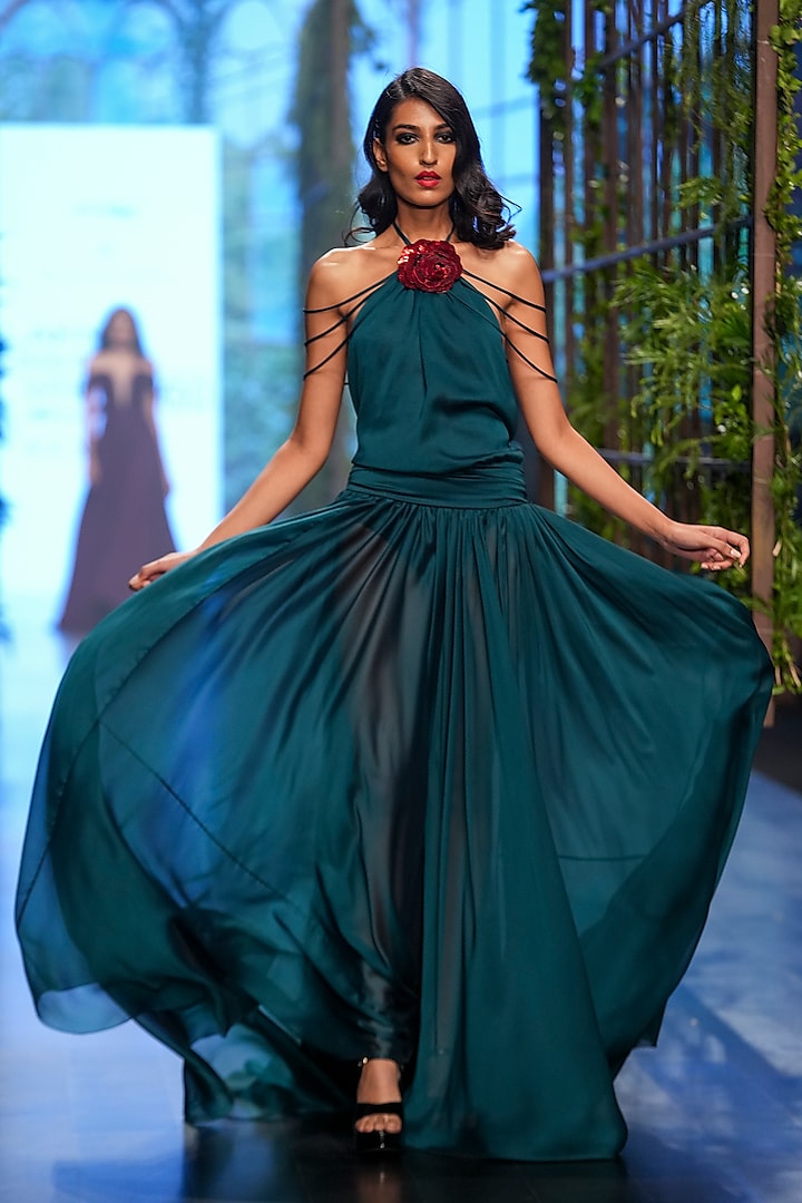 Bottle Green Organza Embroidered Gown by Gauri And Nainika