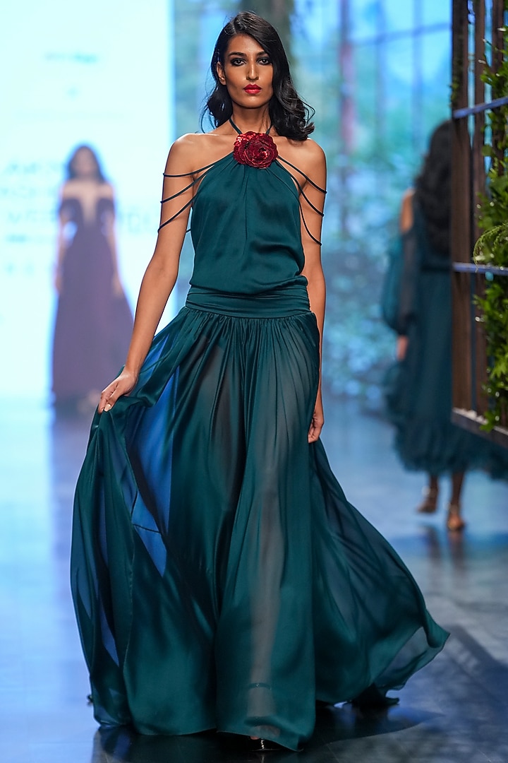 Bottle Green Organza Embroidered Bridal Gown by Gauri And Nainika at Pernia's Pop Up Shop