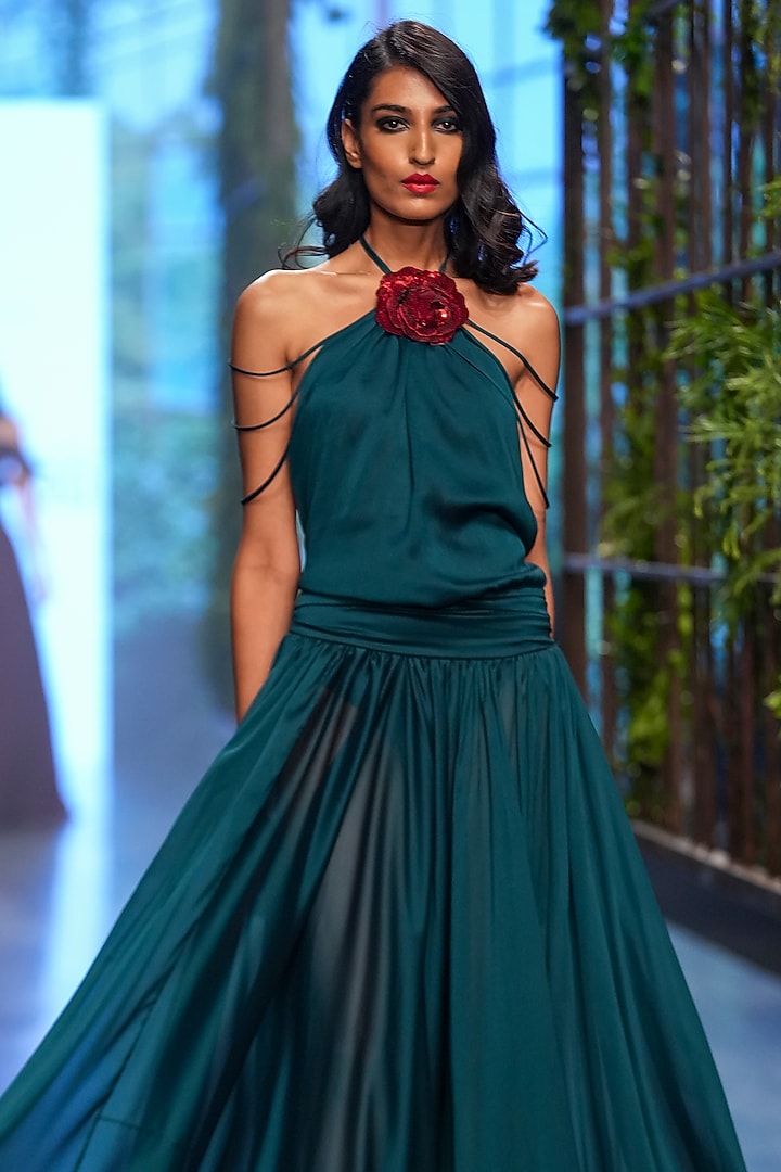 Bottle Green Organza Embroidered Bridal Gown by Gauri And Nainika at Pernia's Pop Up Shop