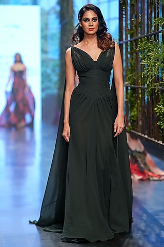 Emerald Green Chiffon Gown by Gauri And Nainika