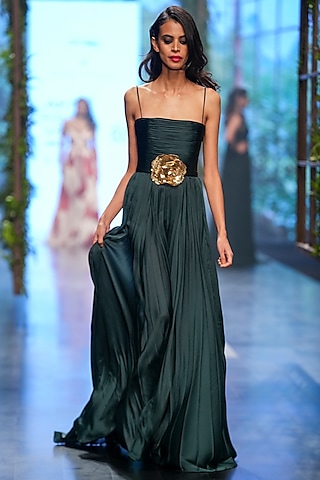 Bottle Green Satin Embroidered Gown by Gauri And Nainika