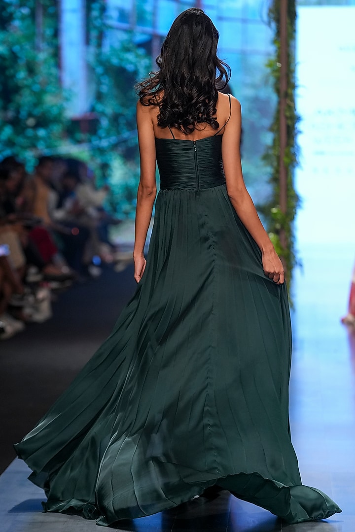 Bottle Green Satin Embroidered Bridal Gown by Gauri And Nainika at Pernia's Pop Up Shop