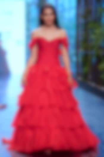 Red Organza Off-Shoulder Gown by Gauri And Nainika
