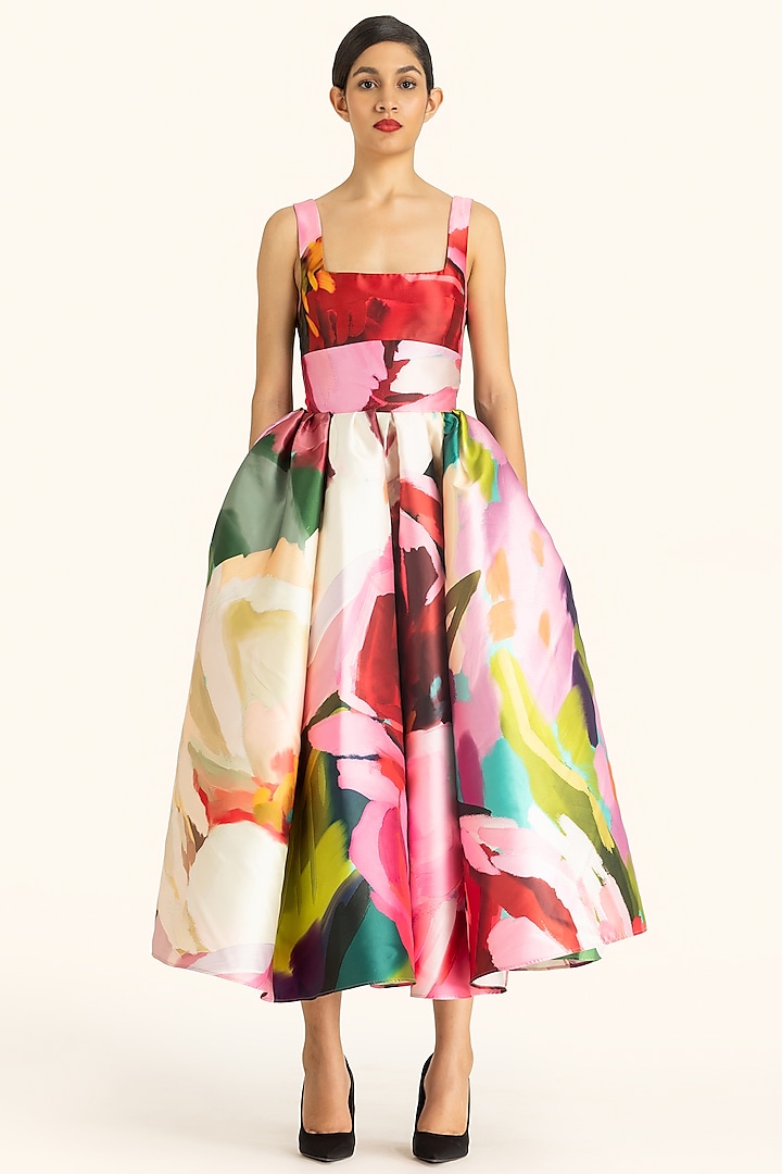 Multi-Colored Mikado Printed Midi Dress by Gauri And Nainika at Pernia's Pop Up Shop