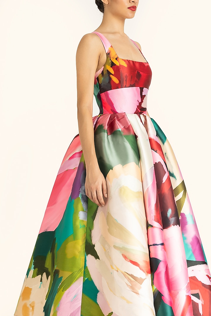 Multi-Colored Mikado Printed Midi Party Wear Dress by Gauri And Nainika at Pernia's Pop Up Shop