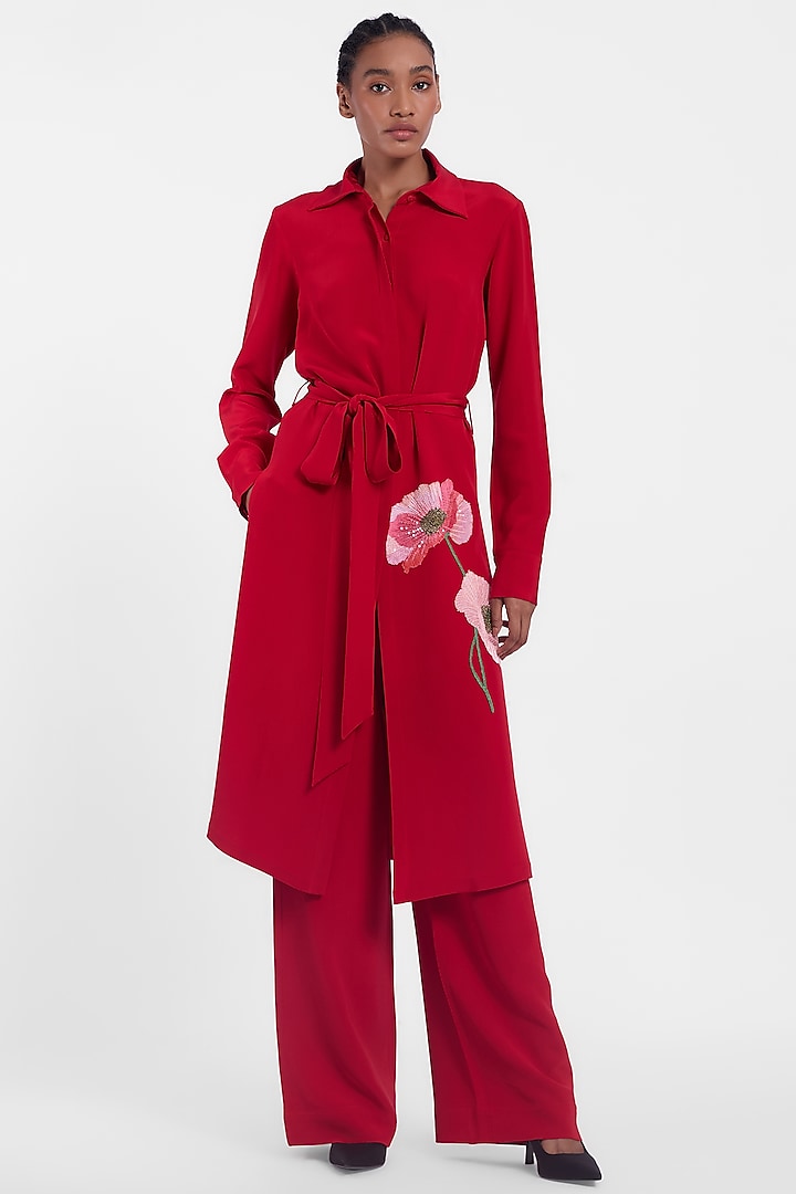 Red Silk Crepe Botanical Hand Embroidered Party Wear Shirt Dress by Gauri And Nainika at Pernia's Pop Up Shop