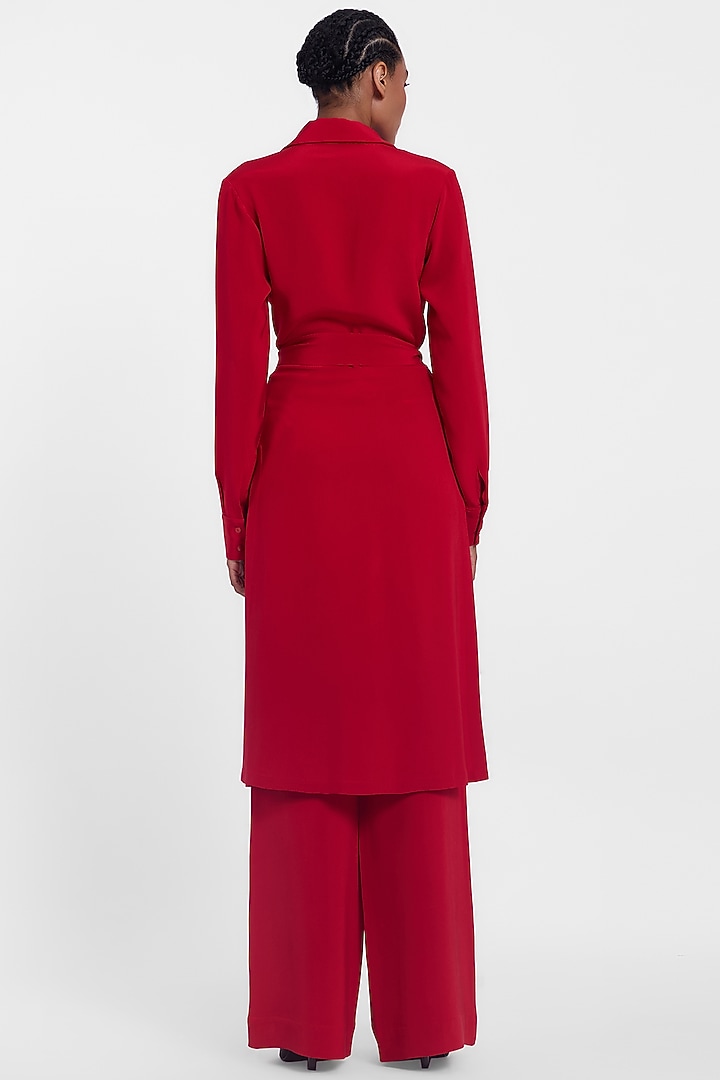Red Silk Crepe Botanical Hand Embroidered Party Wear Shirt Dress by Gauri And Nainika at Pernia's Pop Up Shop