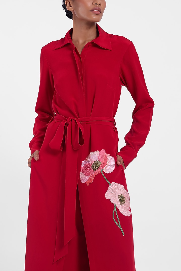 Red Silk Crepe Botanical Hand Embroidered Party Wear Shirt Dress by Gauri And Nainika at Pernia's Pop Up Shop