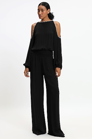 Black Pure Crepe Georgette Jumpsuit by Gauri And Nainika