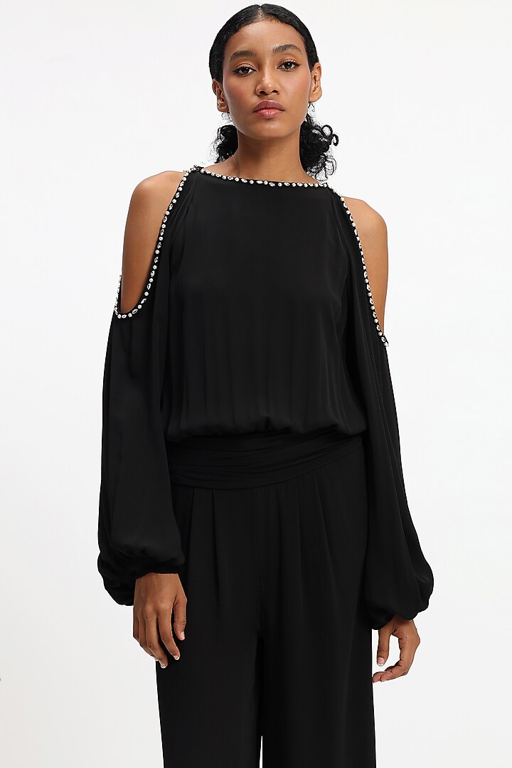 Black Pure Crepe Georgette Jumpsuit by Gauri And Nainika at Pernia's Pop Up Shop